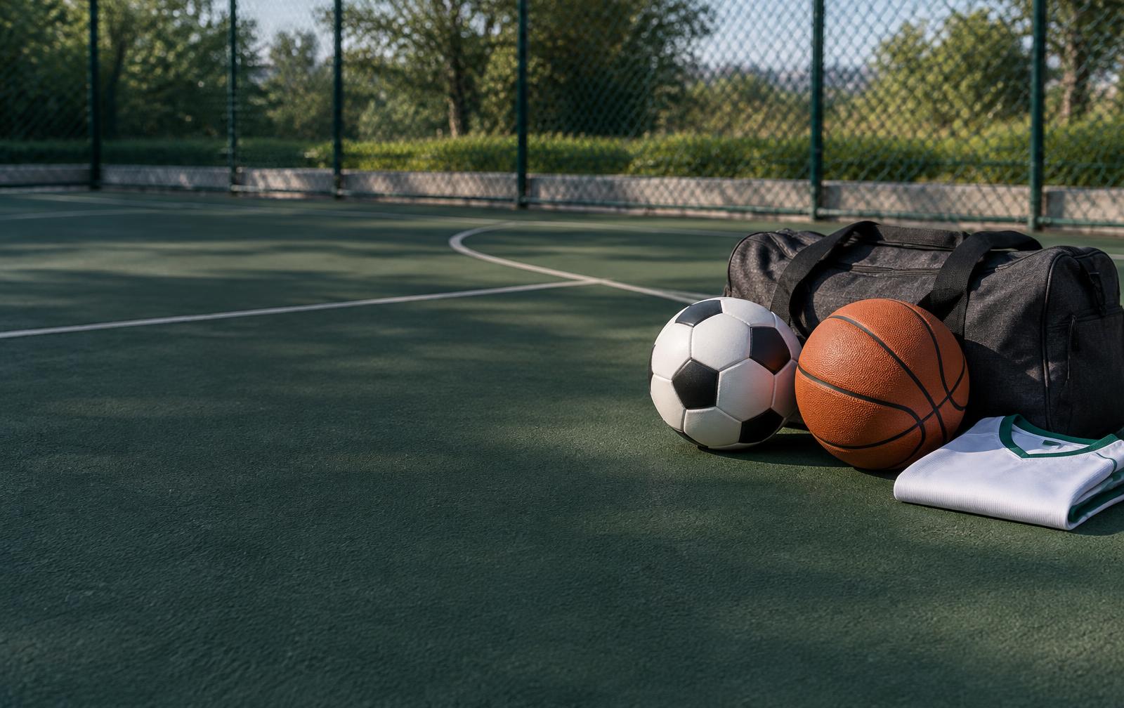 Illustrative sporting equipment arranged on an outdoor court